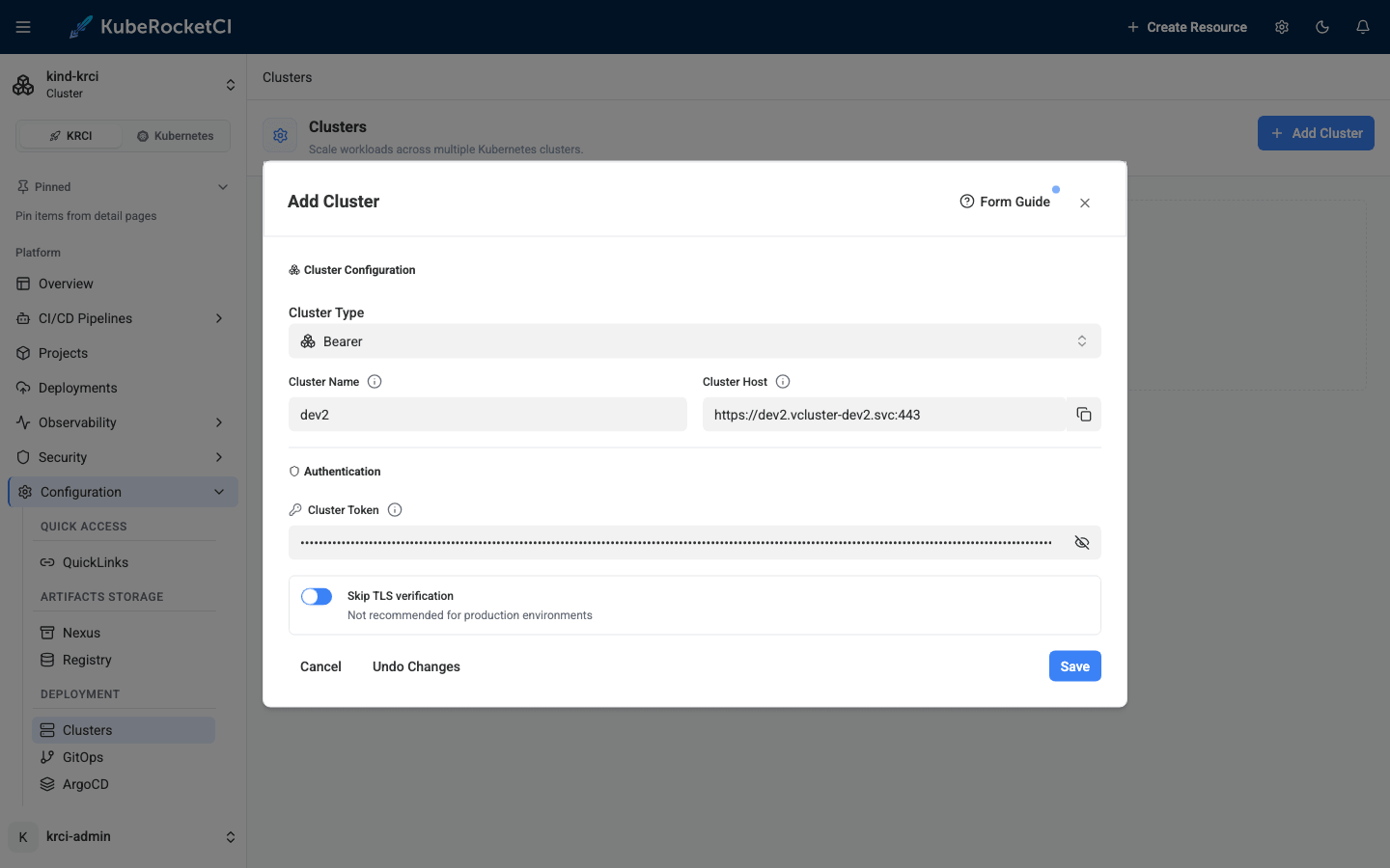 KubeRocketCI Portal Add Cluster form filled with the vcluster name dev2, in-cluster HTTPS endpoint and bearer token, Skip TLS verification enabled