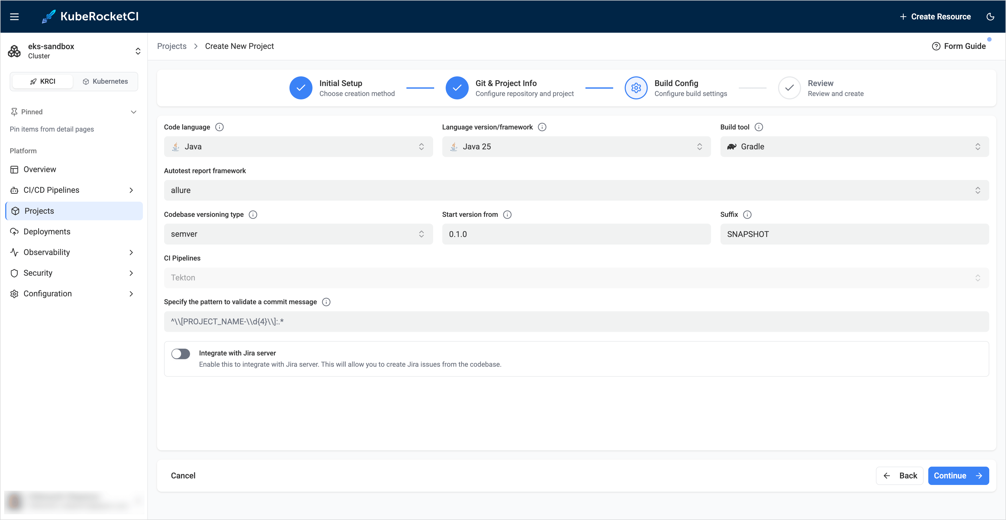 Build config tab