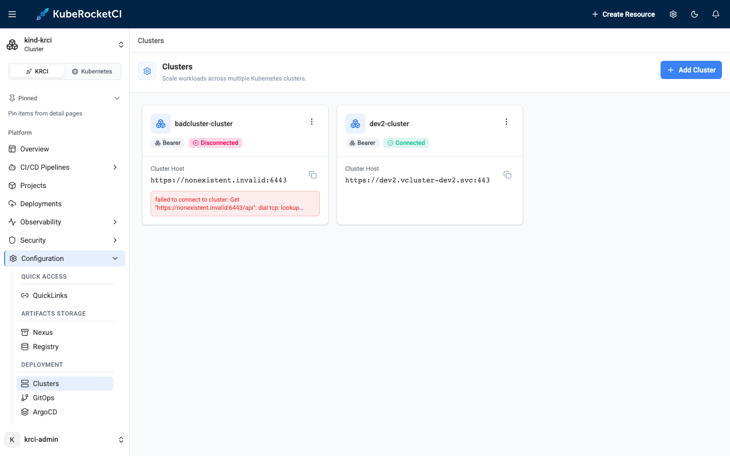 KubeRocketCI Portal cluster cards showing the vcluster Connected and a misconfigured cluster Disconnected with the connection error displayed