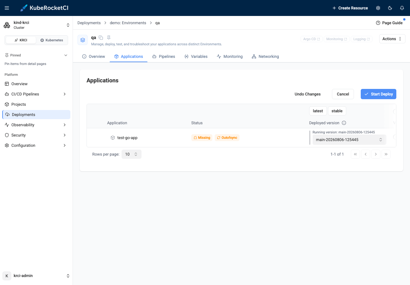 KubeRocketCI Portal Configure Deploy view with the latest built image version selected for deployment to the vcluster environment