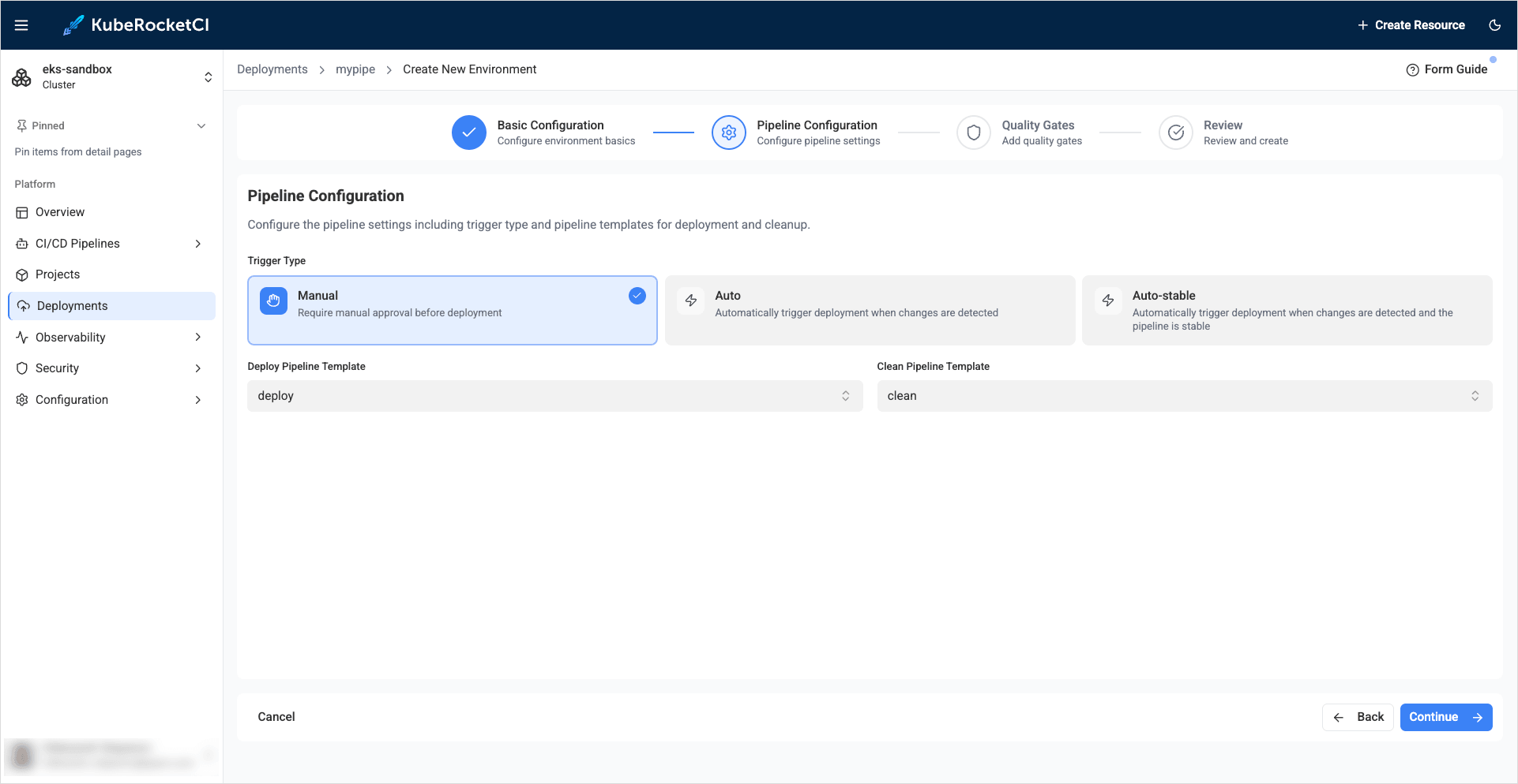 Pipeline configuration step