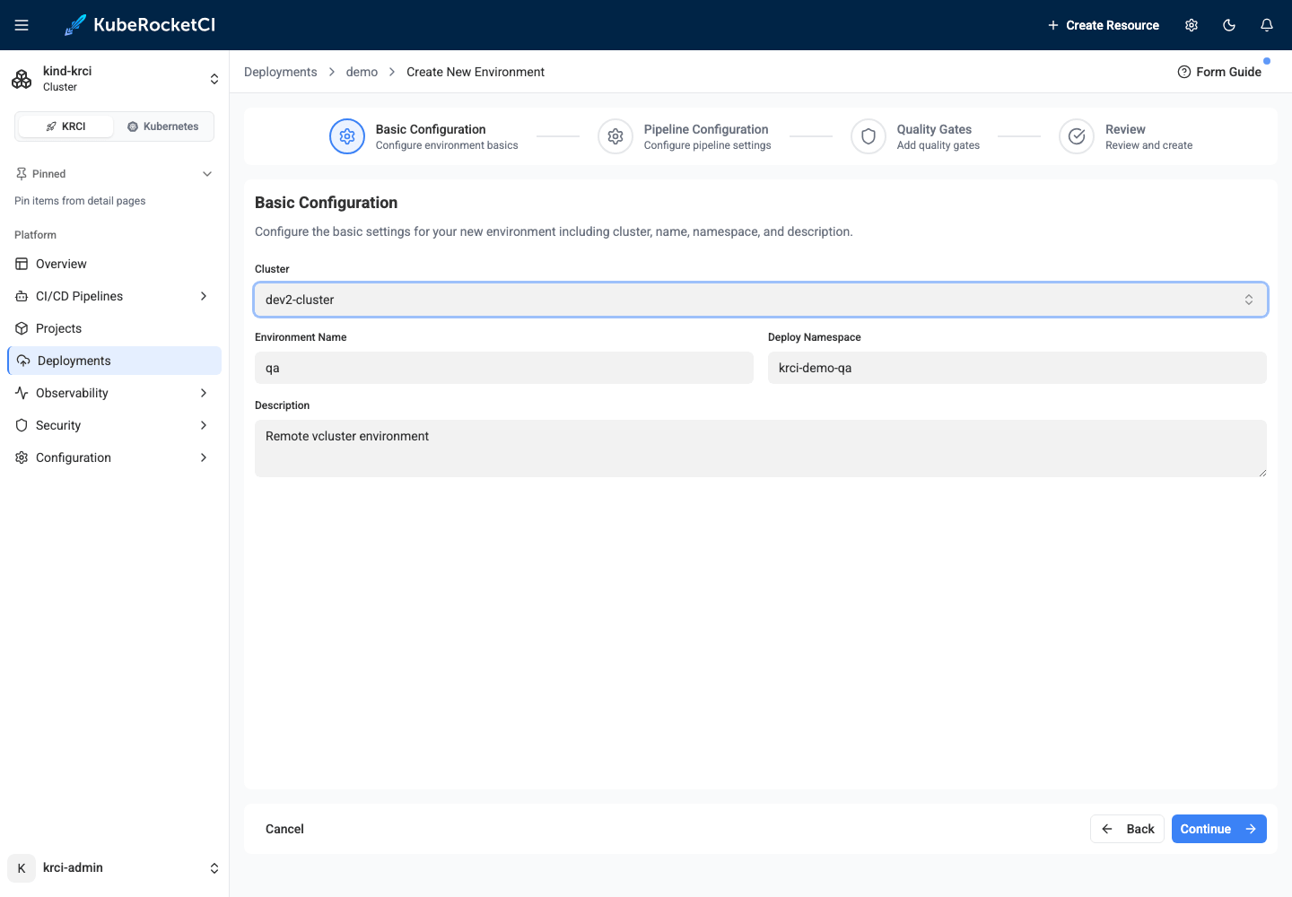 KubeRocketCI Portal Create Environment wizard with the dev2-cluster virtual cluster selected and the deploy namespace prefilled