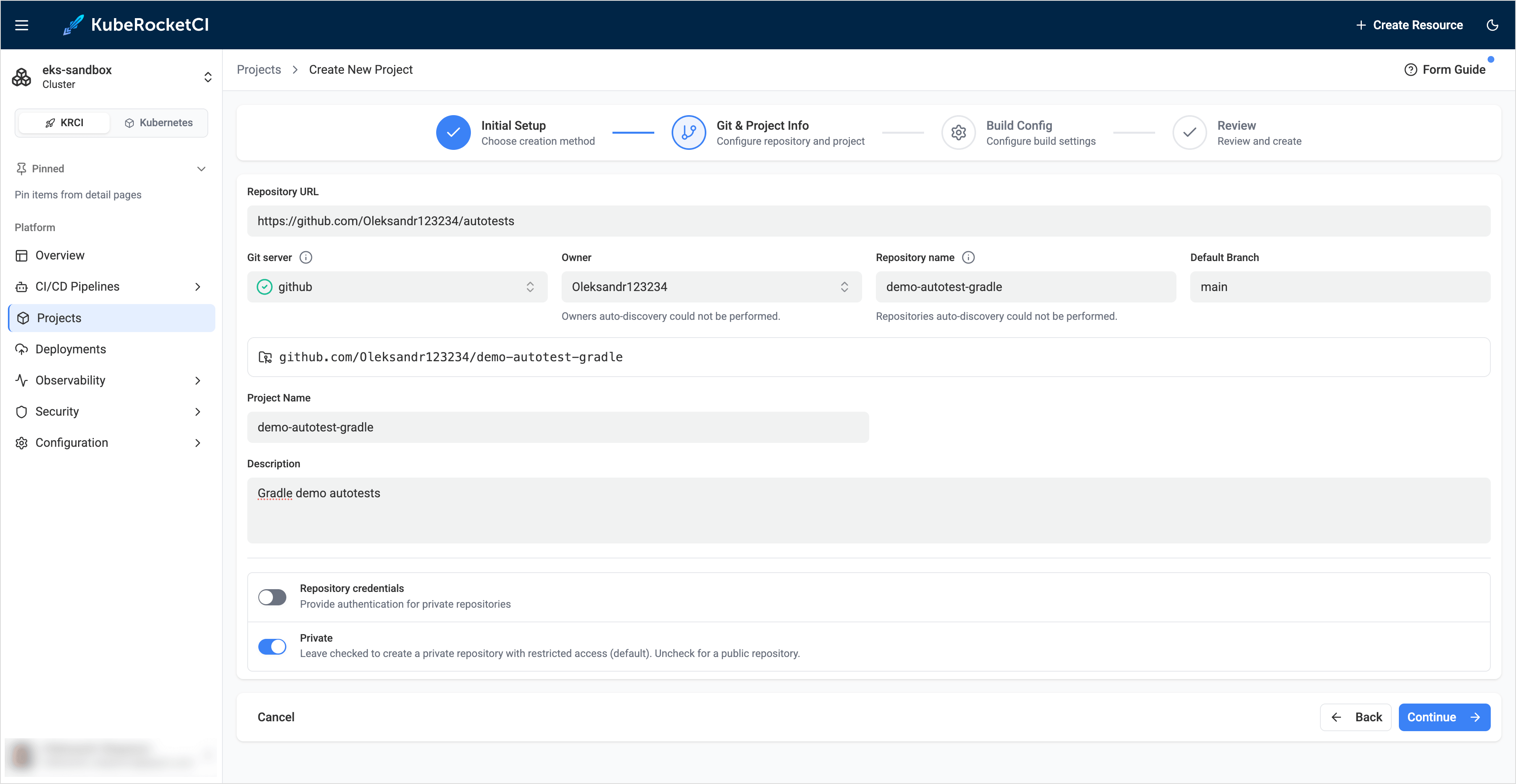 Git &amp; project info info tab for autotests