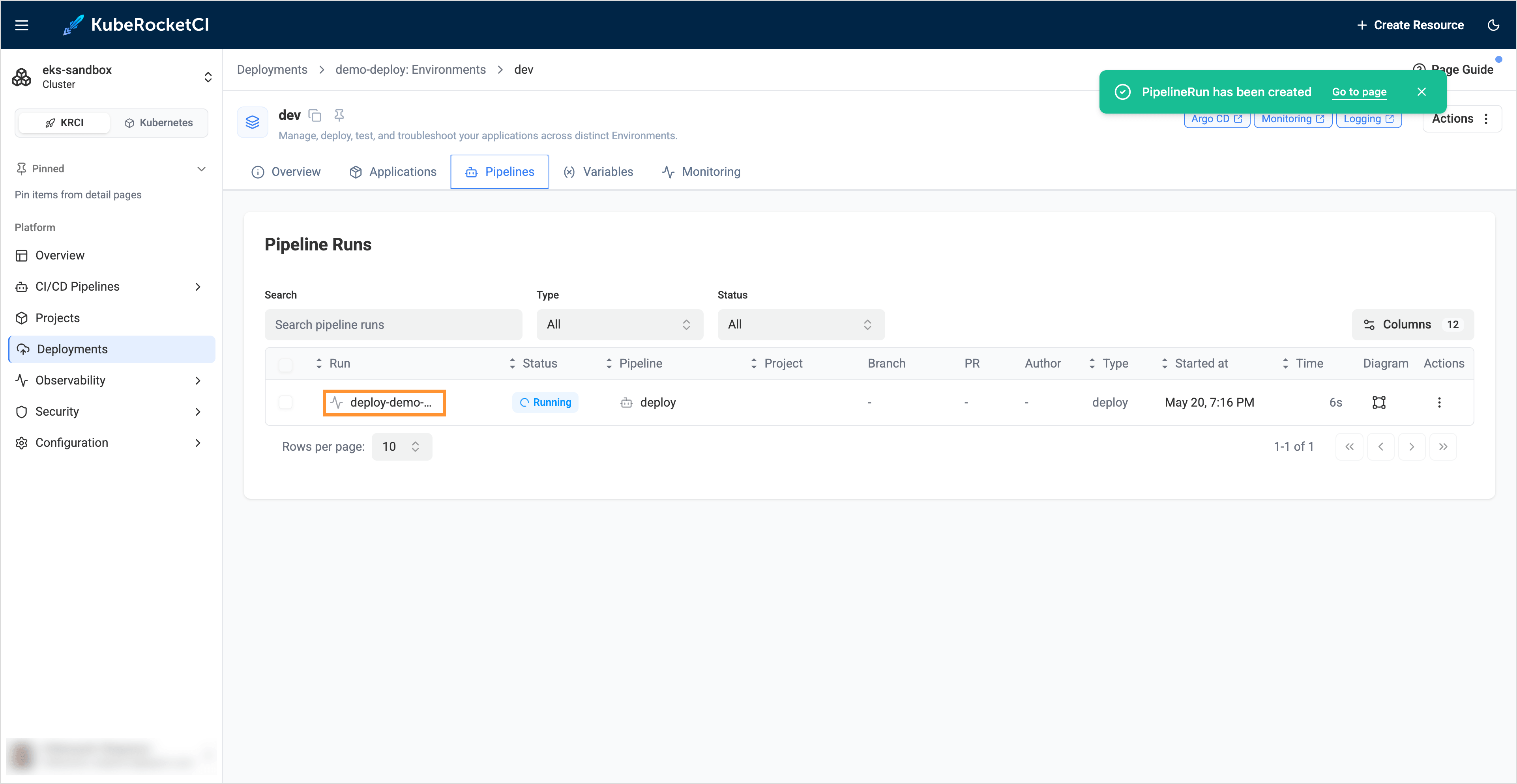 Deploy pipeline information