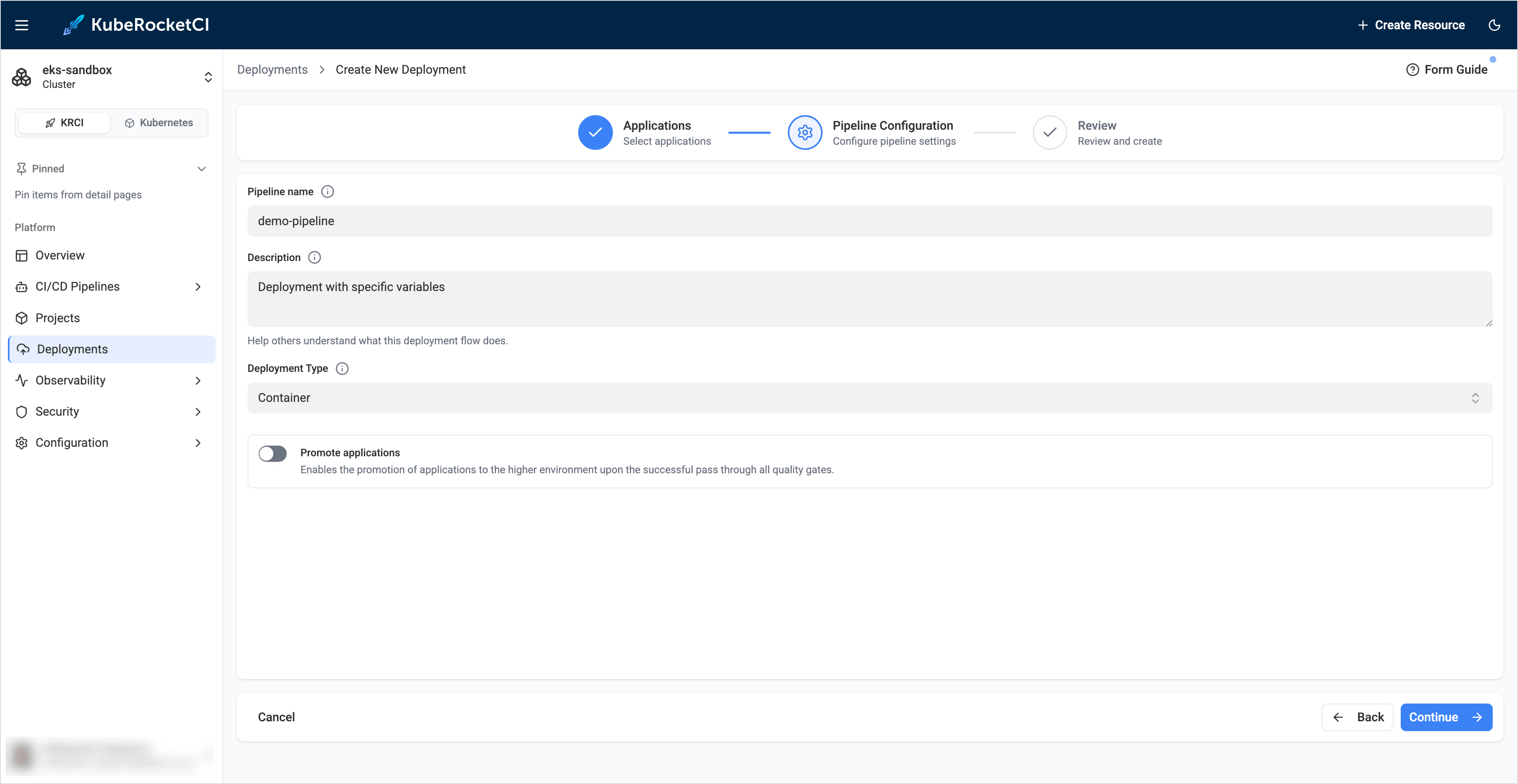 Pipeline configuration tab