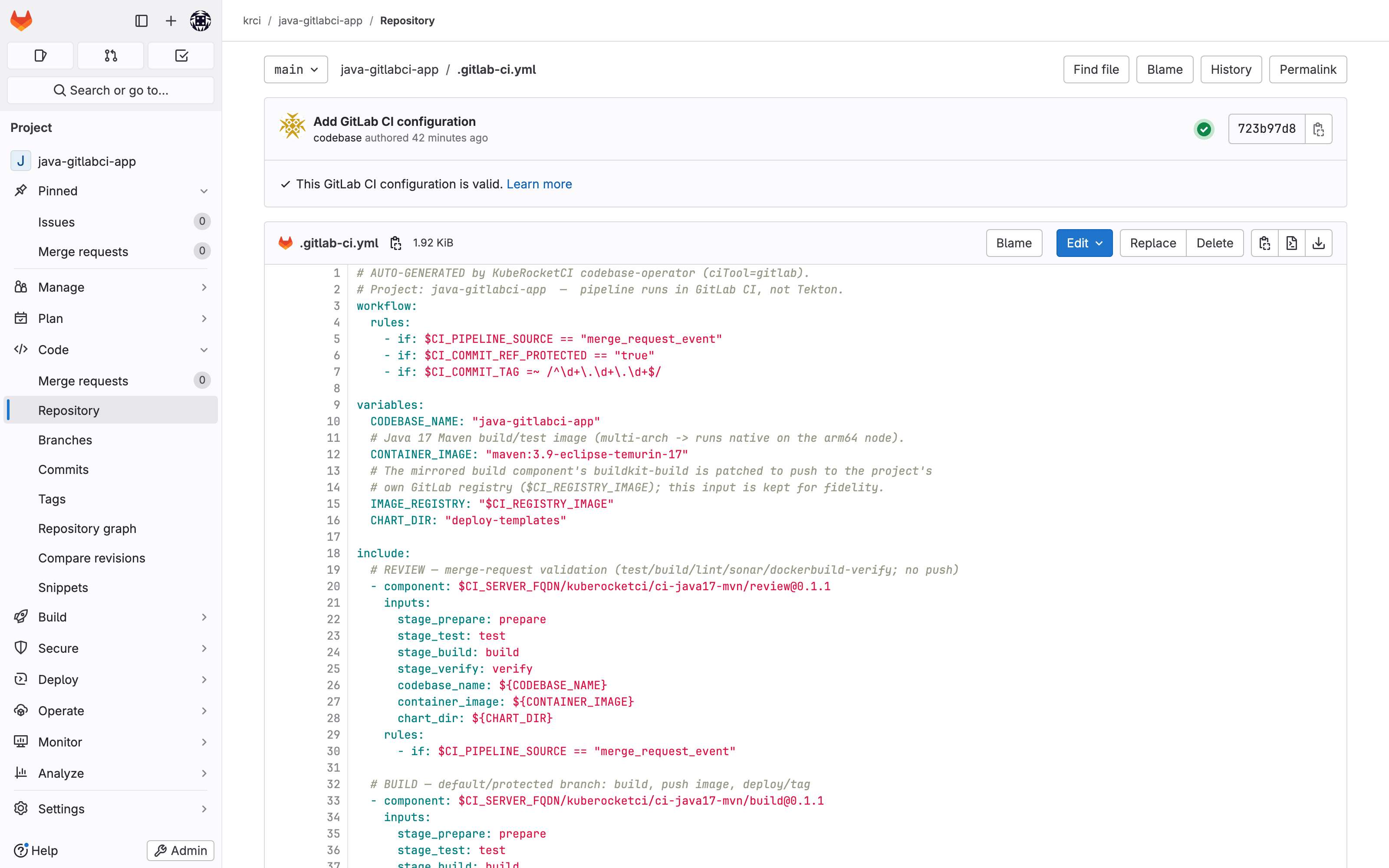 The .gitlab-ci.yml injected by the codebase-operator, visible in GitLab .gitlab-ci.yml injected by the KubeRocketCI codebase-operator in GitLab, including the review and build CI/CD components