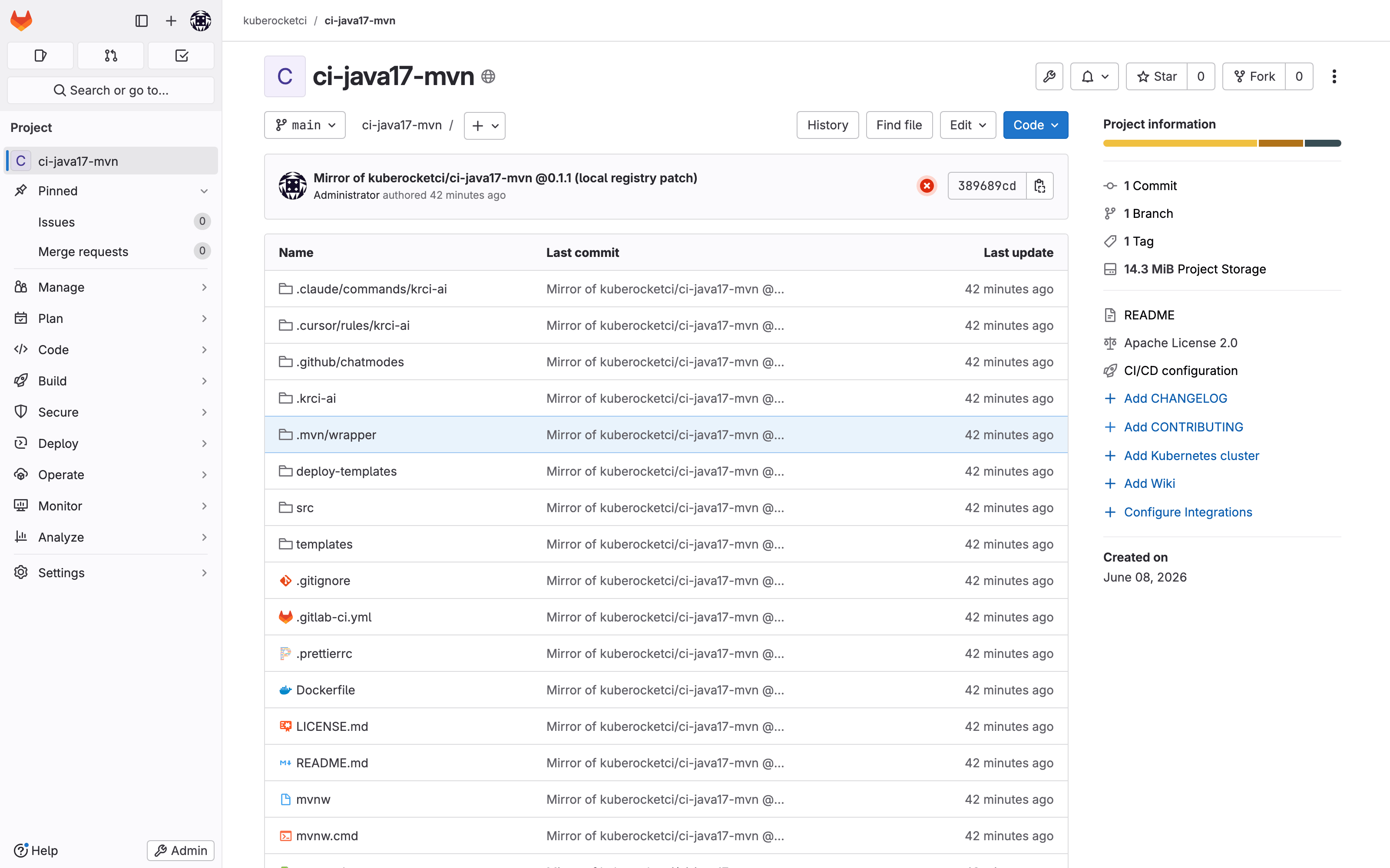 The onboarded KubeRocketCI CI/CD component in the local GitLab instance Mirrored KubeRocketCI ci-java17-mvn CI/CD component in the self-hosted GitLab - review and build templates at tag 0.1.1