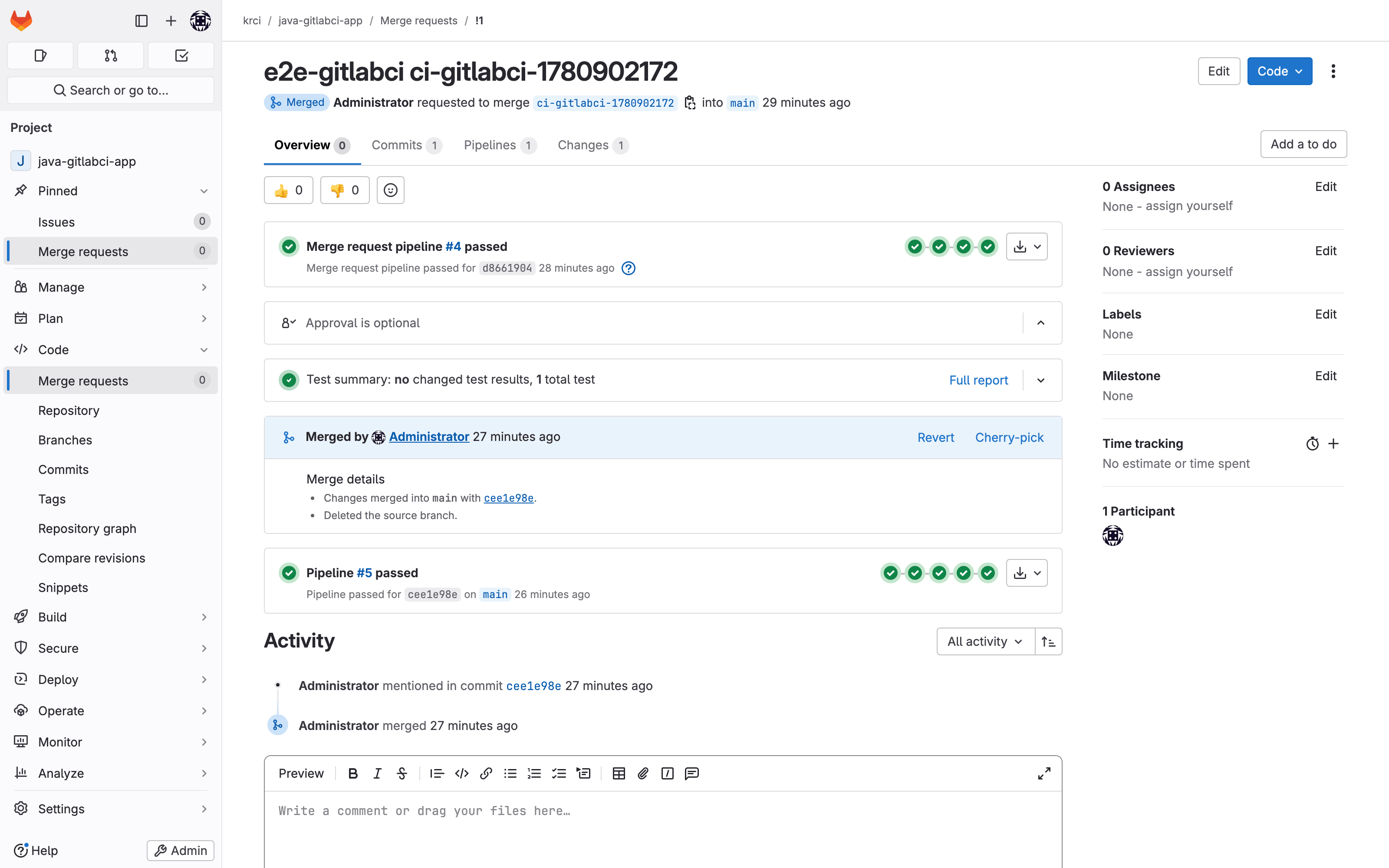 The review pipeline attached to the merge request in GitLab GitLab merge request for java-gitlabci-app with the merge_request_event review pipeline passing before merge