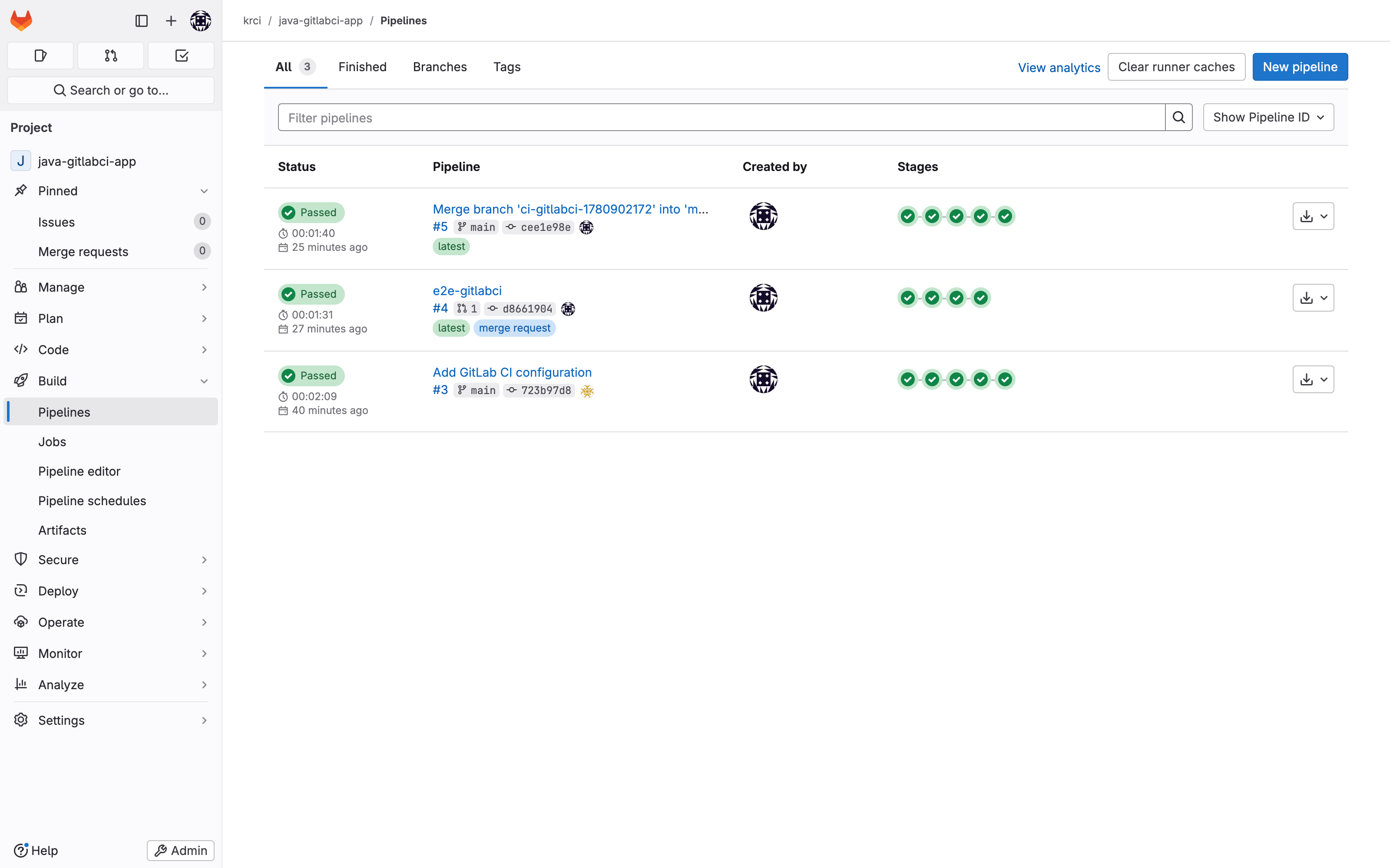 Every GitLab CI pipeline passed - review on the MR, build on the merge GitLab Pipelines list for java-gitlabci-app: review (merge request) and build (push) pipelines passed on the GitLab Runner