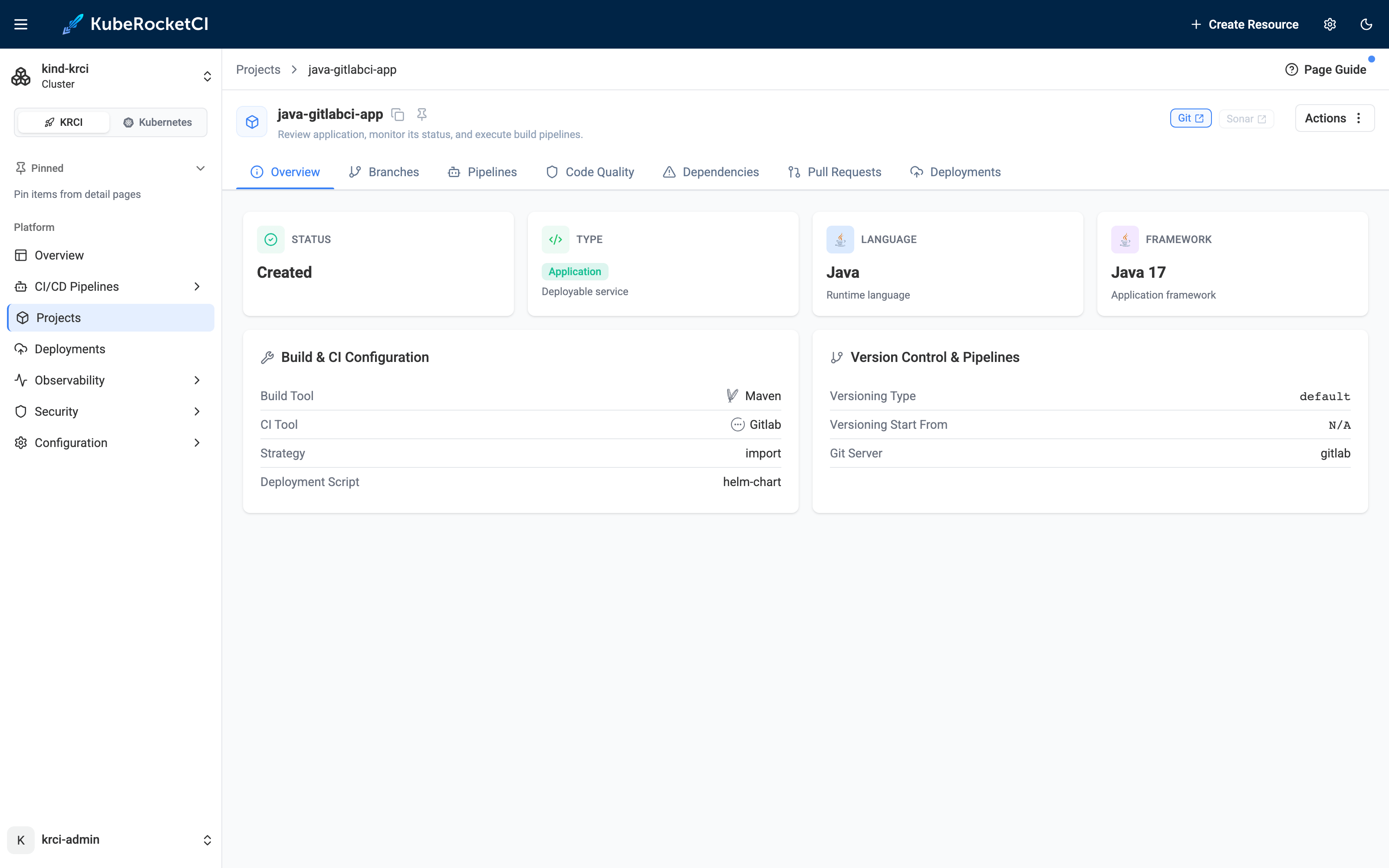 The GitLab-CI Codebase as seen in the KubeRocketCI Portal KubeRocketCI Portal overview for java-gitlabci-app: CI Tool set to GitLab, language Java, build tool Maven