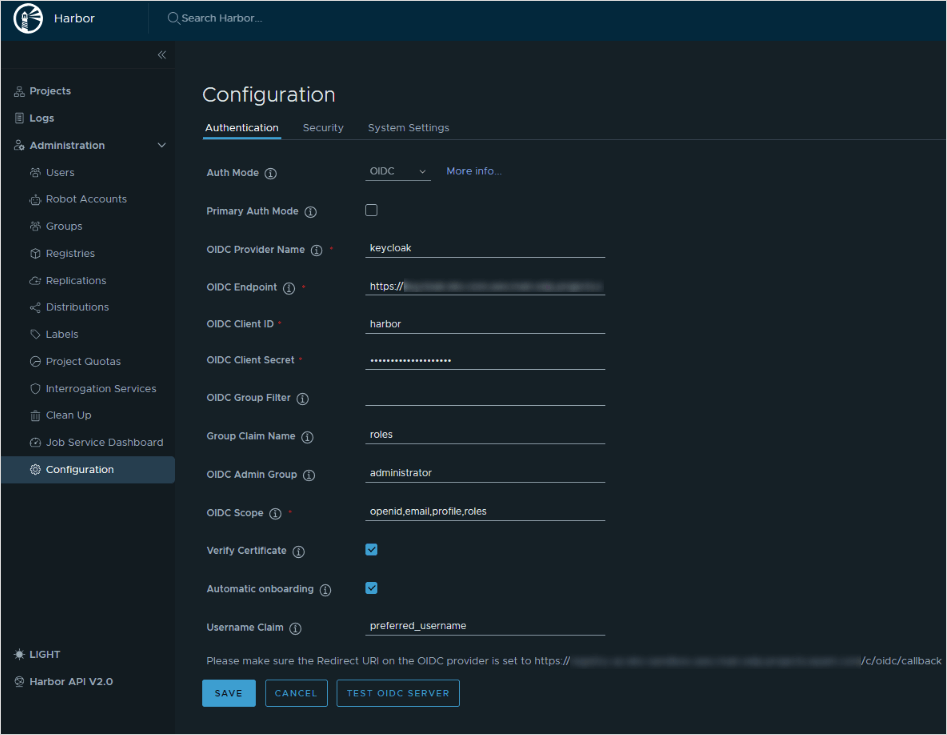 Harbor Authentication Configuration