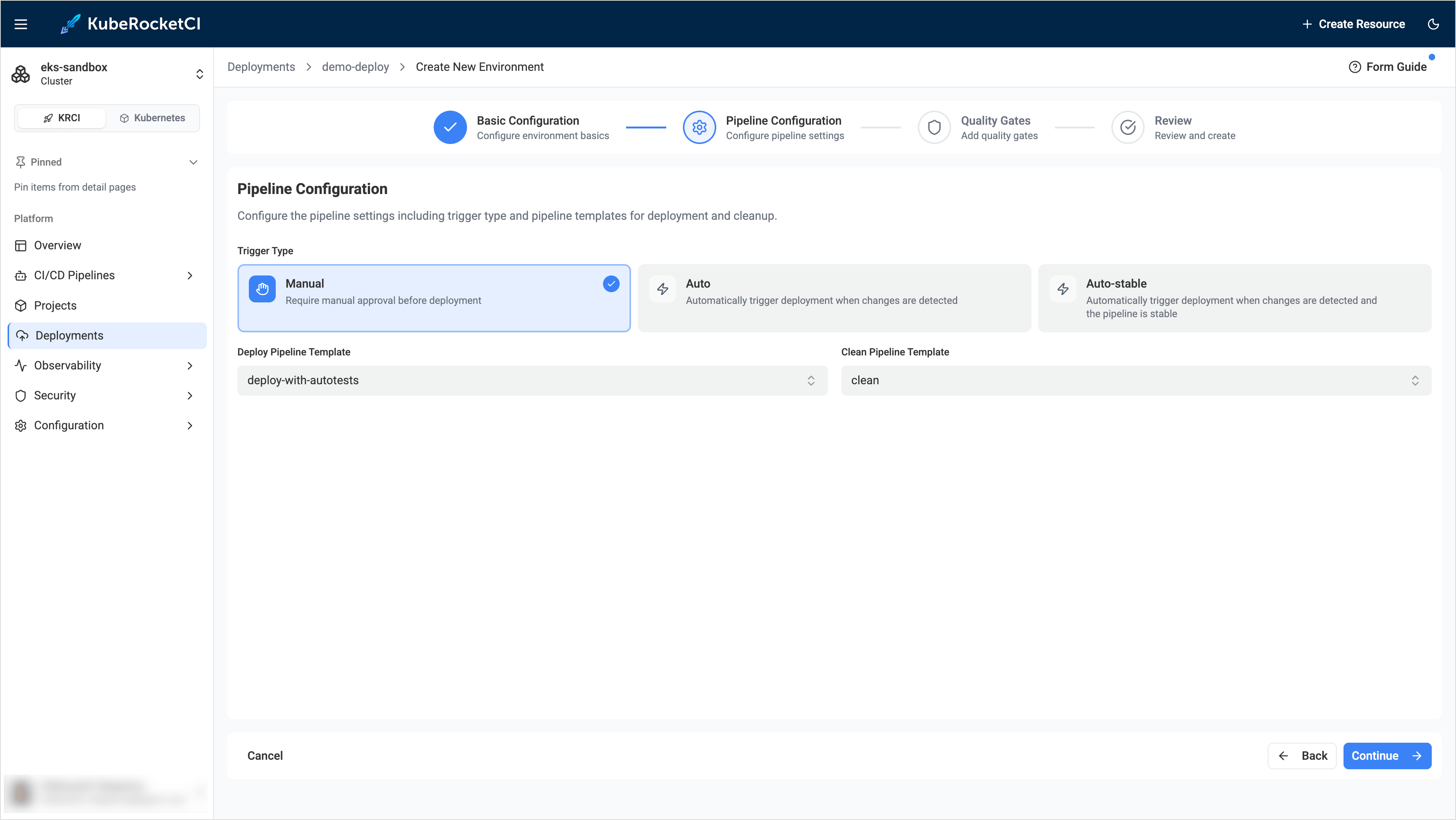 Pipeline configuration tab