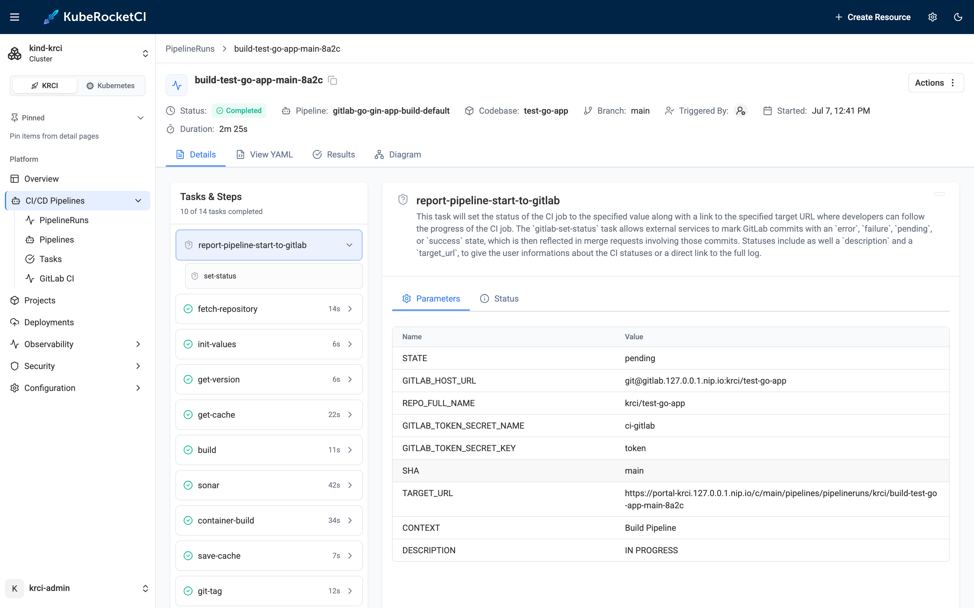 KubeRocketCI PipelineRun details page showing the Triggered By field
