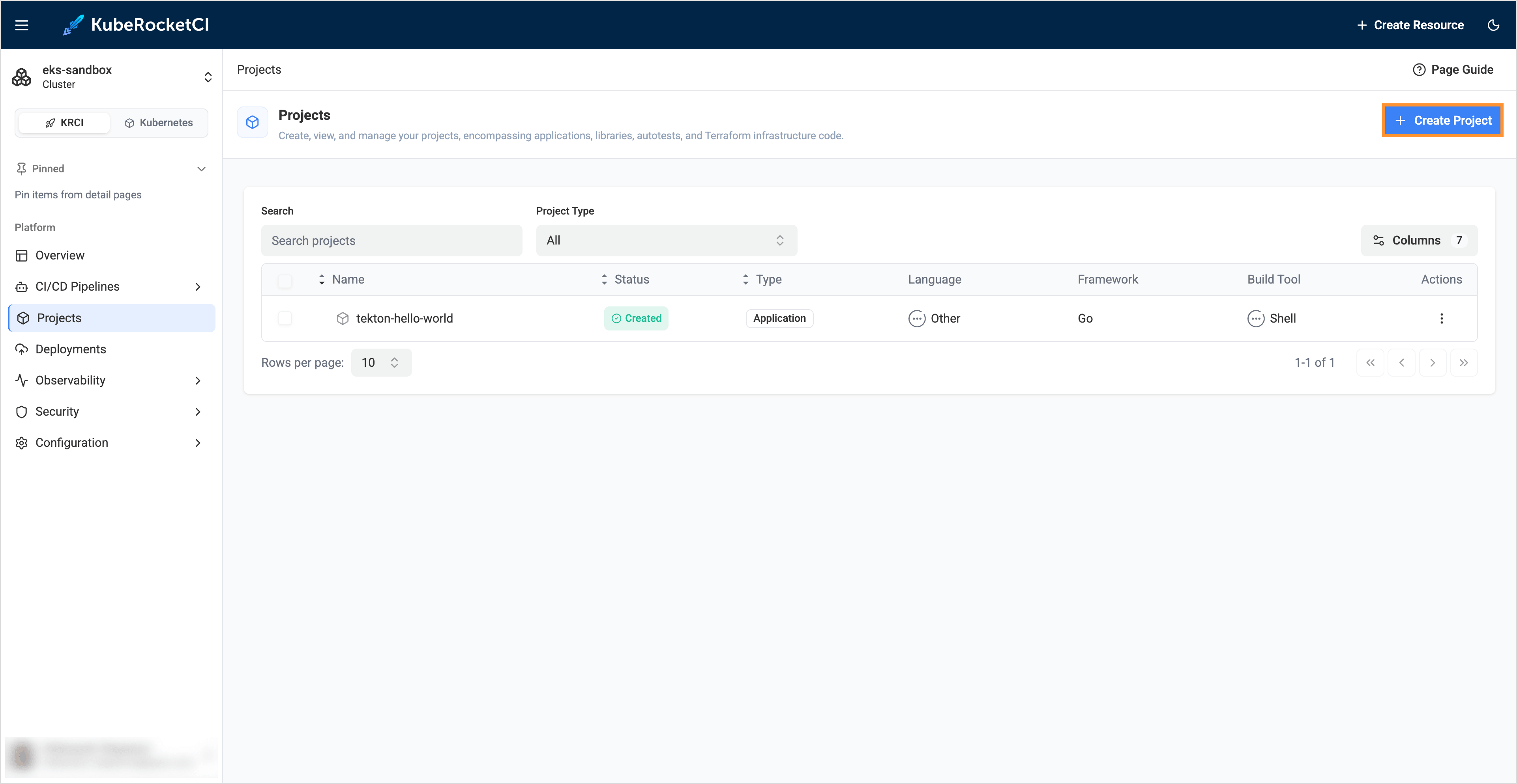 Projects tab
