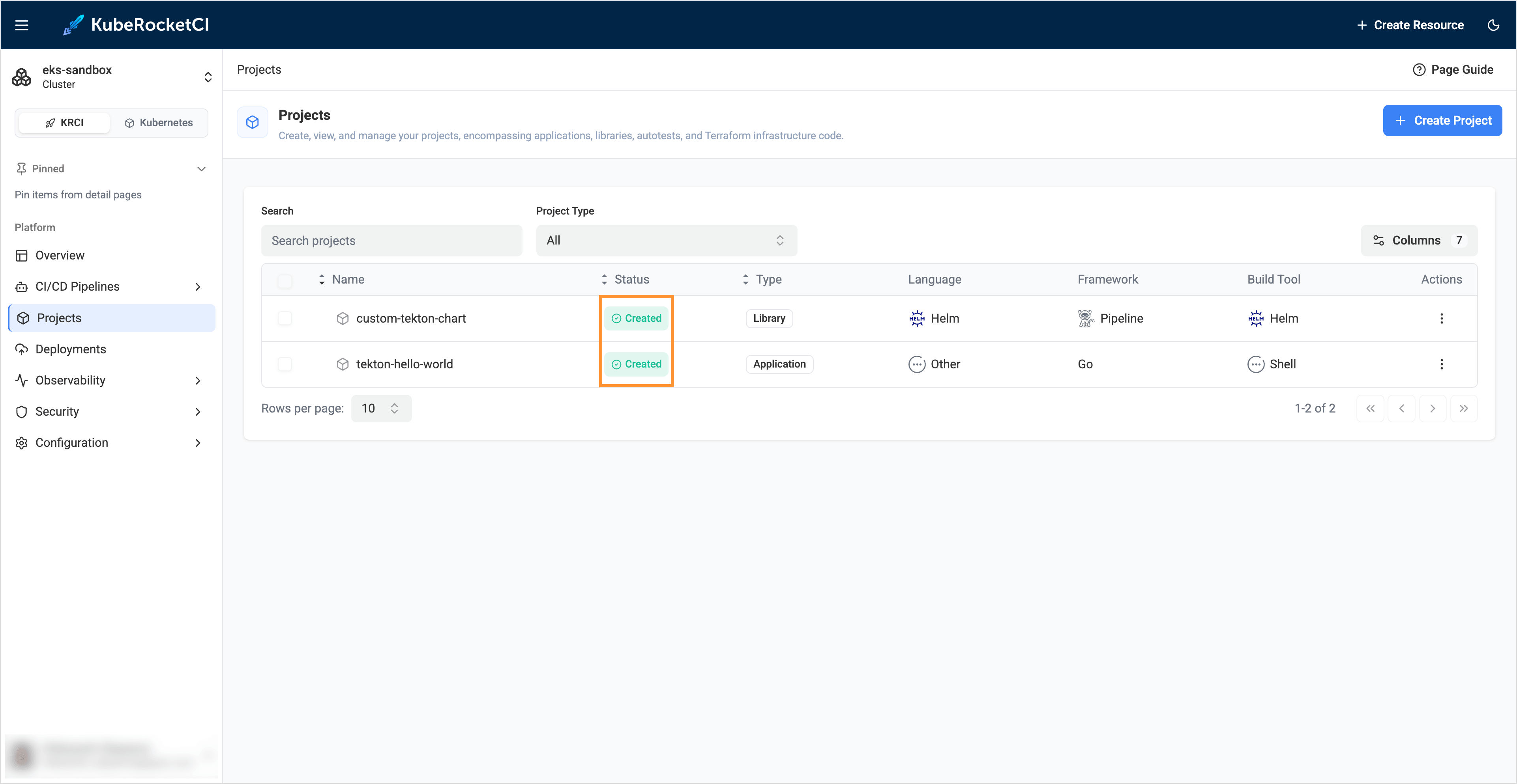 Projects overview page